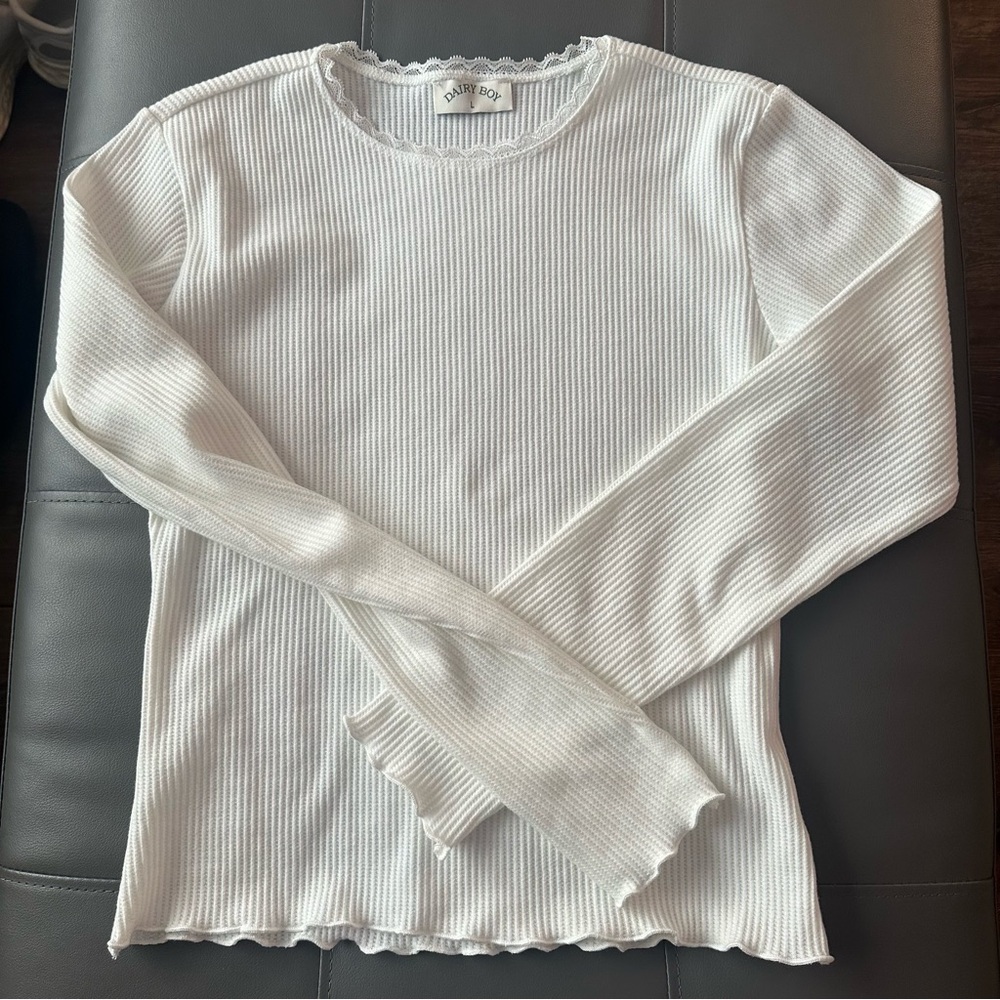 White Long Sleeve Ribbed thermal dairy boy large